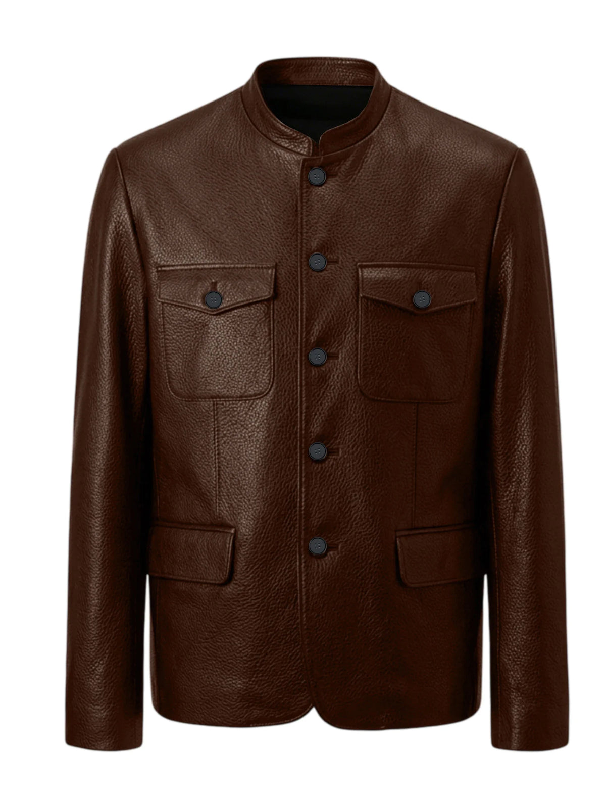 Men Premium Leather-Like Stand Collar Jacket Single Breasted Casual Multi-Pocket Slim Fit Business Outerwear