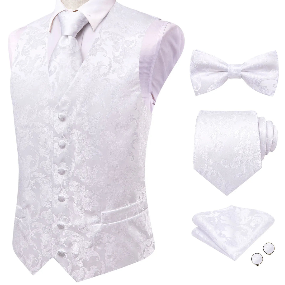 Men's Jacquard Waistcoat 5-Piece Set – Double Breasted Vest with Tie, Bow Tie, Pocket Square & Cufflinks for Weddings & Formal Events