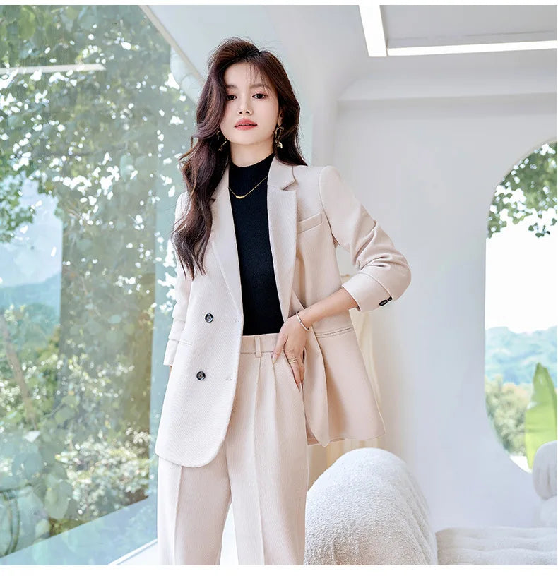 Autumn Winter 2024 New Apricot Coffee Black Elegant Double Breasted Blazer Top And Women High Waist Wide Leg Pant Two Piece Set