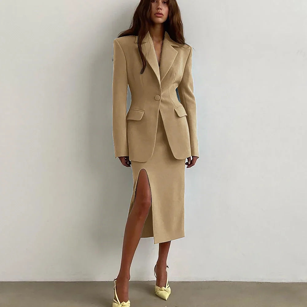 Professional Women's Single Button Notch Lapel Blazer Suit Side Slit Midi Skirt Set Elegant Party Office Fashion 2Piece Outfit