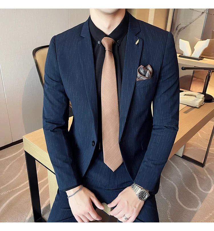 7XL 6XL(Jacket+Pant）Fashion Striped Men Slim Fit Suit Groom Wedding Tuxedo Formal Business Party Slim Fit Social Stage Costume