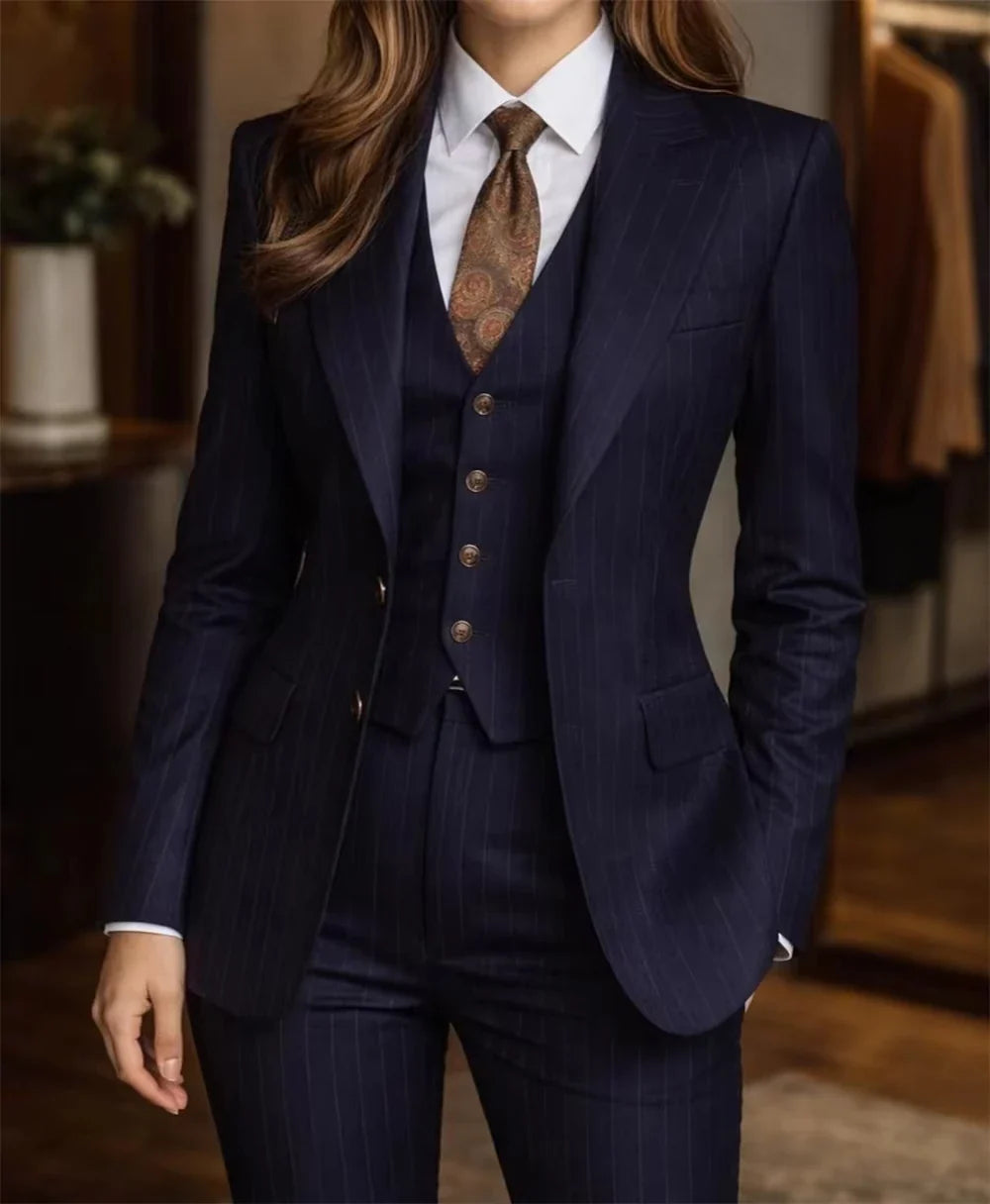 Navy Blue Pinstripe Suit Women's 3 Piece Suits for Office Chic Fashion Striped Suit (Jacket+Vest+Pant) Tailor Made