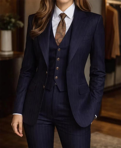 Navy Blue Pinstripe Suit Women's 3 Piece Suits for Office Chic Fashion Striped Suit (Jacket+Vest+Pant) Tailor Made