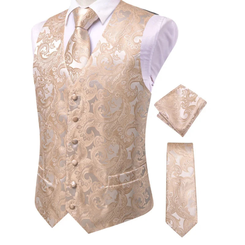 Men's Double Breasted Paisley Jacquard Waistcoat Set with Necktie & Pocket Square for Weddings and Tuxedo