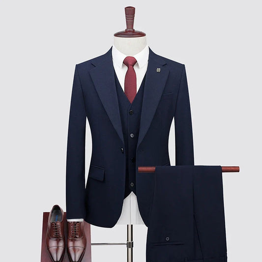 Men's Three-Piece Slim Fit Business Suit – One-Button, Extended Sizes, Wedding & Formal