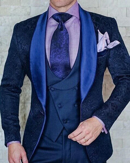 Fashion Jacquard Men Suits Shawl Lapel Business Wedding Tuxedos Slim Fit Blazer Vest Pants for Prom Party 3 Pieces Costume Homme