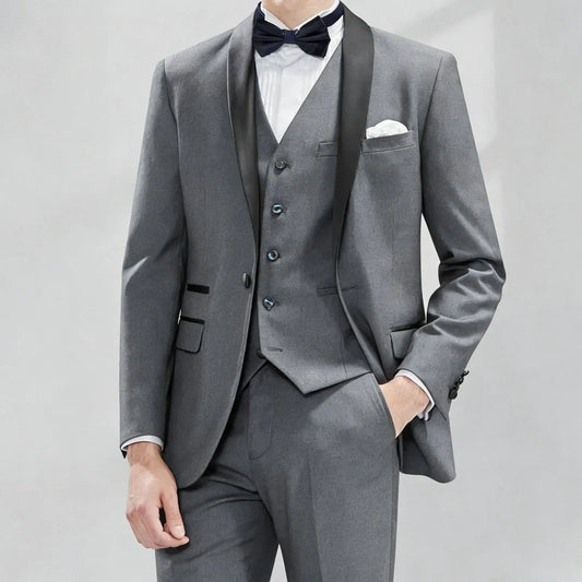 Men Suit 3 Piece Gray With Black Lapel Single Button For Wedding Groom Business Party Prom Banquet Work Office Jacket Vest Pants