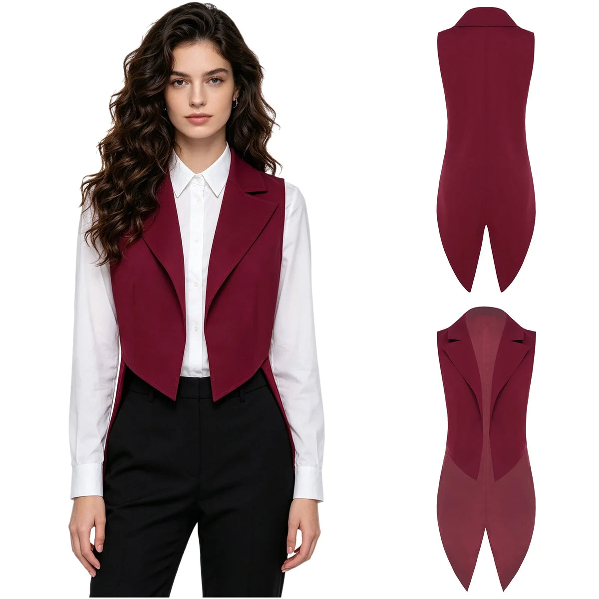Women Vintage Tailcoat Tuxedo Waistcoat Open Front Sleeveless Jacket Lapel Satin Lining Formal Vest Nightclub Waitress Costume