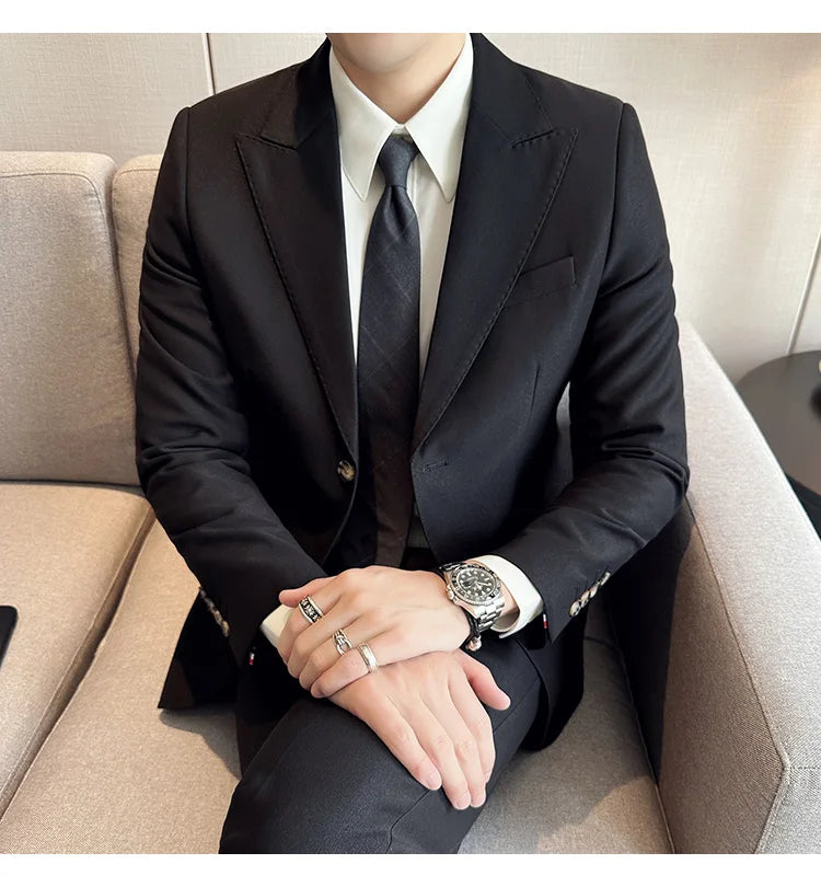 Jacket + Pants 2 Pieces Men's Elegant Fashion Slim Fit Suits Formal Business Wedding Tuxedos Casual Gentleman Solid Dress Suit
