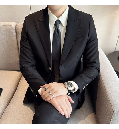 Jacket + Pants 2 Pieces Men's Elegant Fashion Slim Fit Suits Formal Business Wedding Tuxedos Casual Gentleman Solid Dress Suit