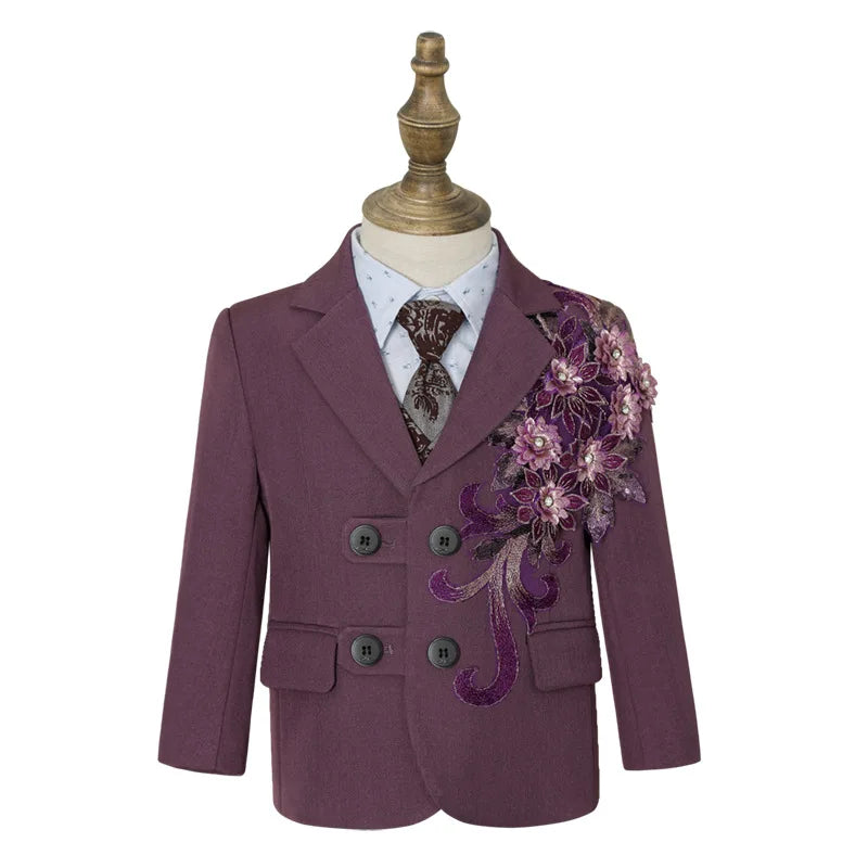 Children's Embroidered Suit Set Flower Boys Wedding Outfit Kids Jacket Vest Pants Tie 4Pieces Birthdy Party Clothes Set