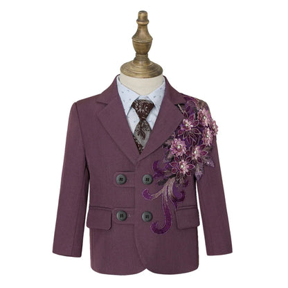 Children's Embroidered Suit Set Flower Boys Wedding Outfit Kids Jacket Vest Pants Tie 4Pieces Birthdy Party Clothes Set