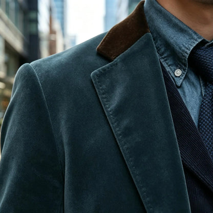 Men Velvet Blazer Contrast Brown Lapel Single Breasted Flap Pockets Smart Casual Business Streetwear Formal Outerwear