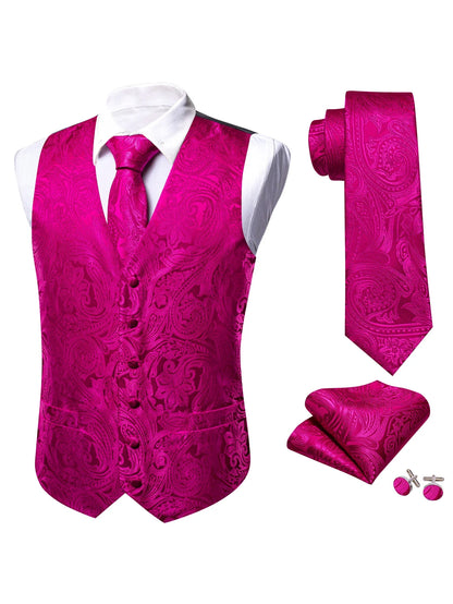 Men's Jacquard Waistcoat 4-Piece Set with Necktie Pocket Square and Cufflinks for Wedding and Formal Occasions