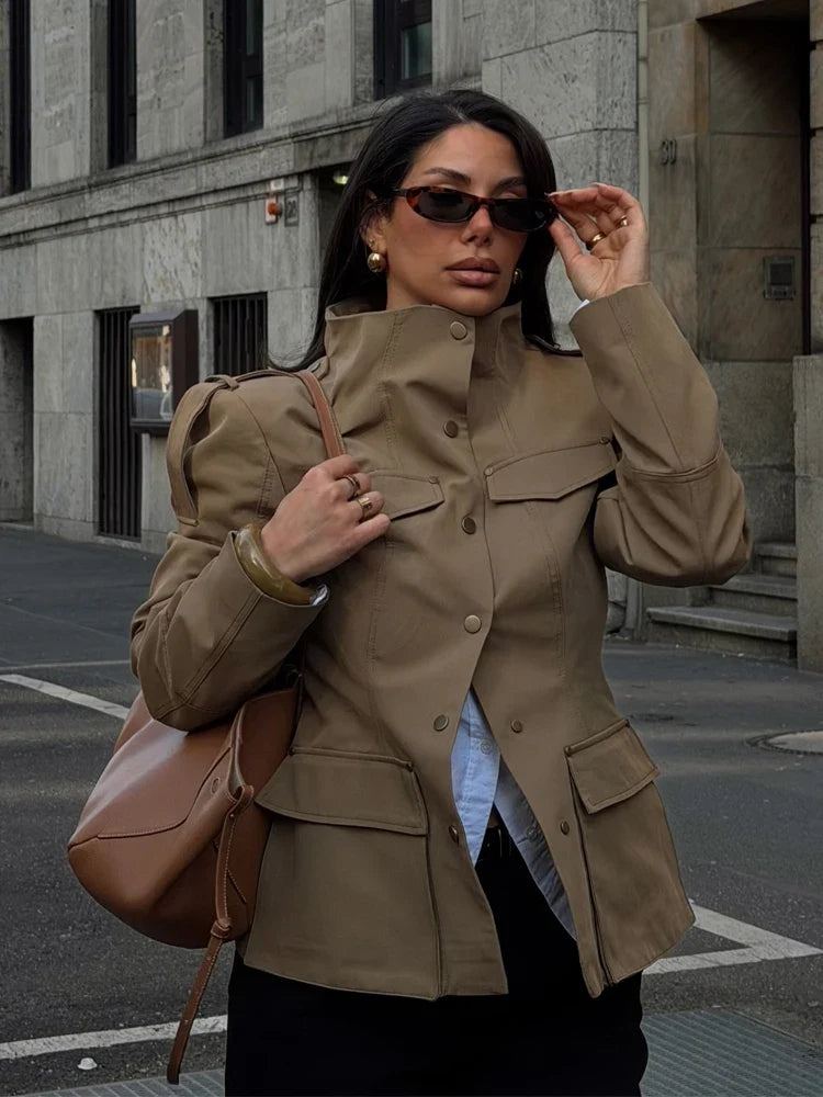 Fashion Women Slim Safari Blazer Jacket 2026 Stand Collar Long Sleeve Pocket Vintage Trench Coat Female Elegant Street Blazer