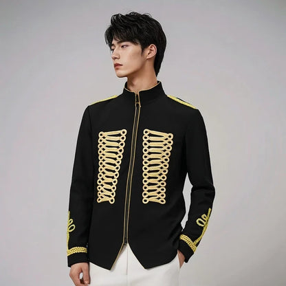 Men's European Style Stand Collar Zipper Blazer Golden Rope Detail Cosplay Middle Ages Tuxedo for Stage Performances And Parties