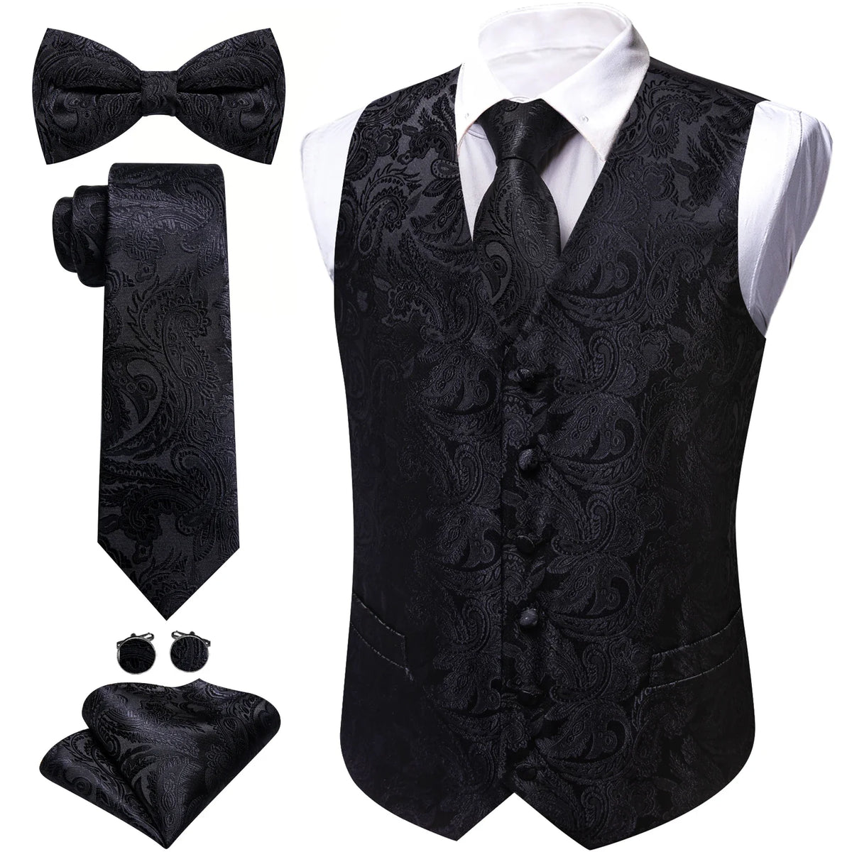 Men's Jacquard Suit Vest Set with Tie, Bow Tie, Pocket Square & Cufflinks – Wedding & Formal