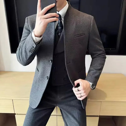 Chinese style collarless wool men's suit slim fit business suit wool suit 3-piece set wedding formal men's suit