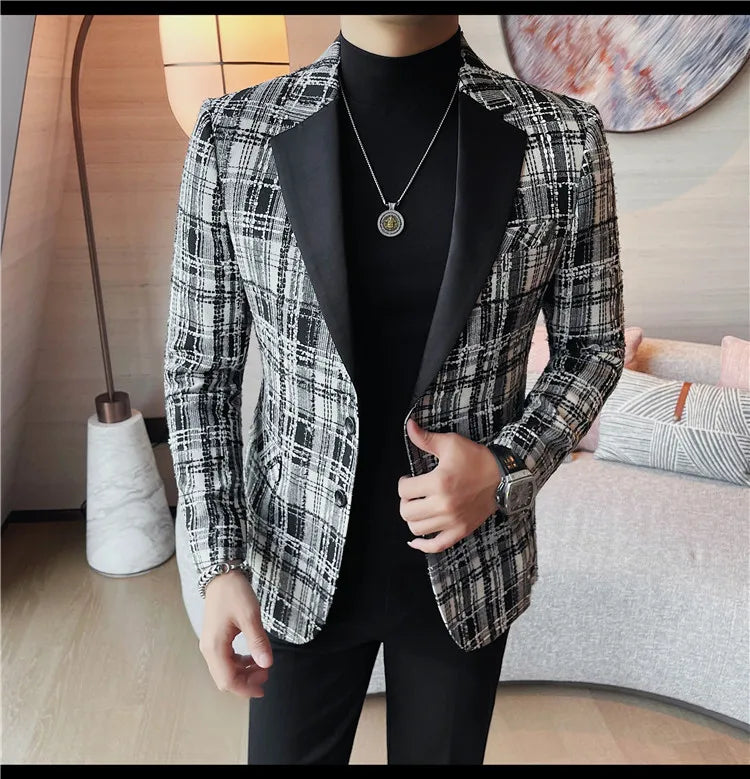 British Style Woven Suit Jacket Men Fashion Plaid Casual Business Blazer Gentleman Versatile Banquet Party Groom Wedding Coats