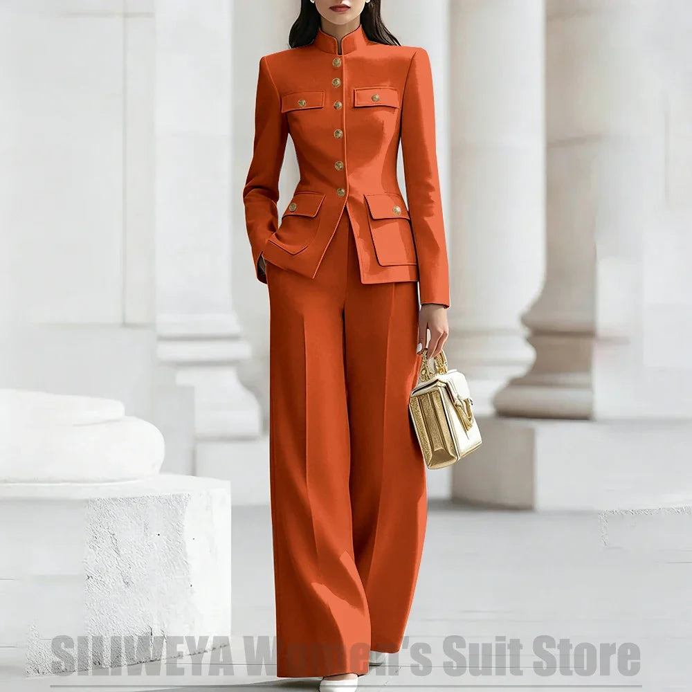 Women's Ivory Suit Mandarin Collar 2 Piece Military Style Gold Buttons Blazer Wide Leg Pants Wedding Party Prom Lady Suits