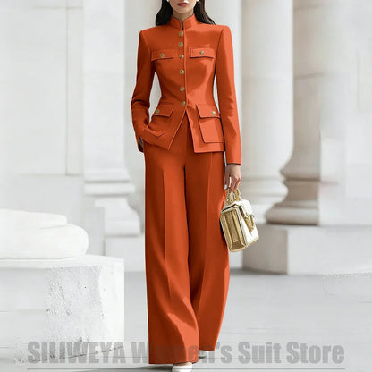 Women's Ivory Suit Mandarin Collar 2 Piece Military Style Gold Buttons Blazer Wide Leg Pants Wedding Party Prom Lady Suits