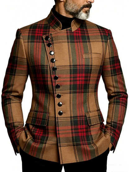 Mens Stand Collar Diagonal Button Plaid Slim Fit Blazer Men Business Formal Vintage Tartan Jacket Wedding Party Outerwear