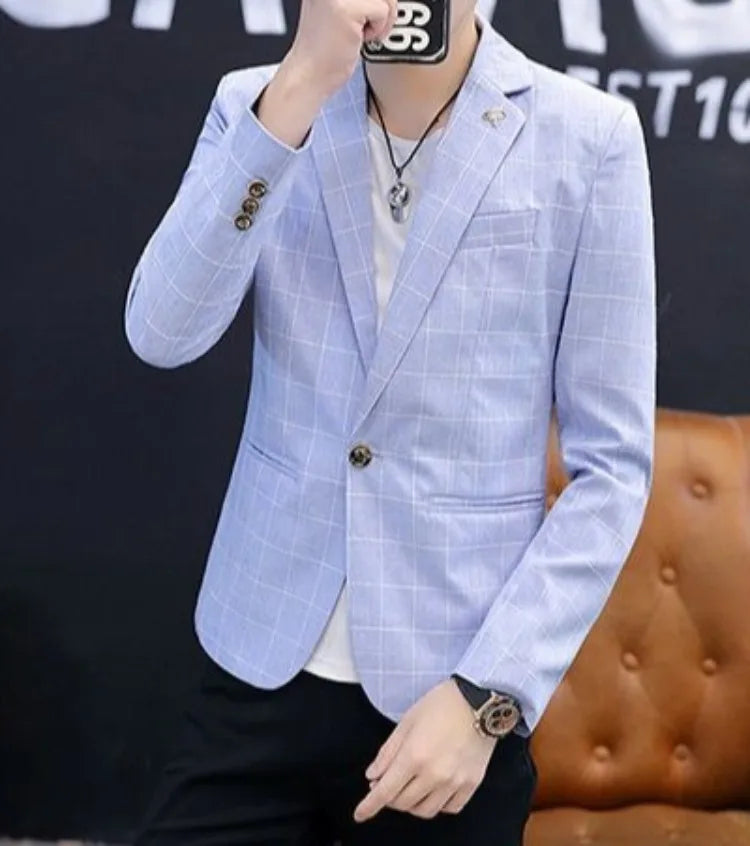 Men Autumn Plaid Blazer Korean Slim Fit Casual Suit Jacket Fashion Trendy Outerwear