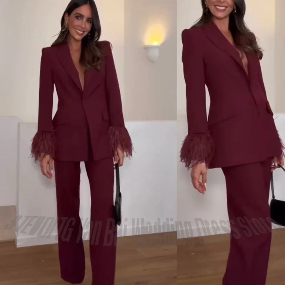 Luxury Women Suit 2 Piece Chic Single Button Straight Peaked Lapel Blazer Set Office Work Female Formal Outfit Jacket Pants