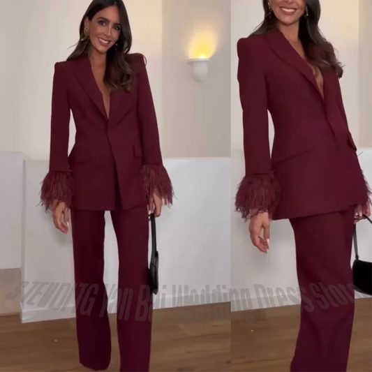 Luxury Women Suit 2 Piece Chic Single Button Straight Peaked Lapel Blazer Set Office Work Female Formal Outfit Jacket Pants