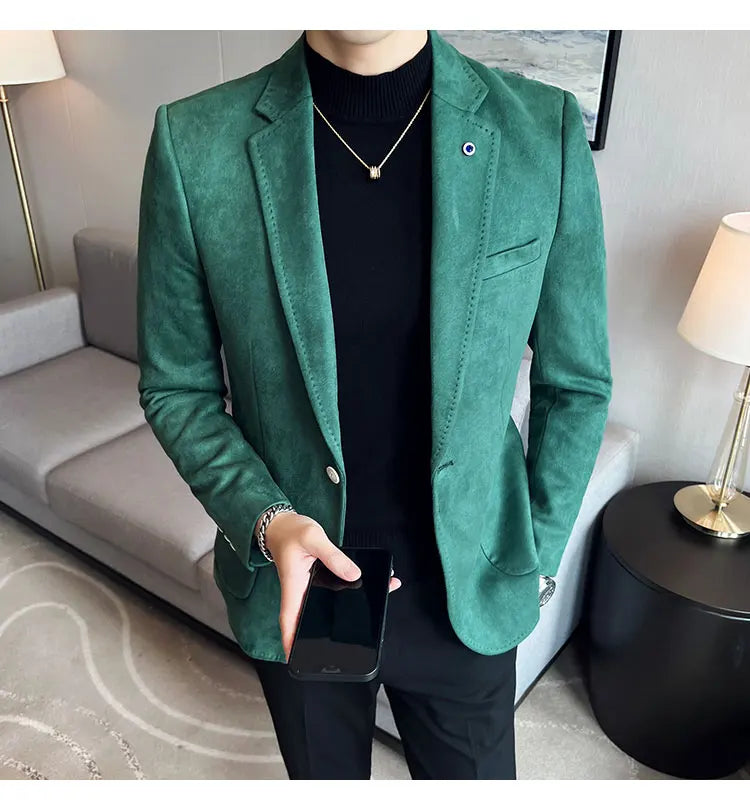 British Style Autumn Suede Business Casual Suit Jacket for Men High Quality Social Office Blazers Wedding Groom Dress Coats
