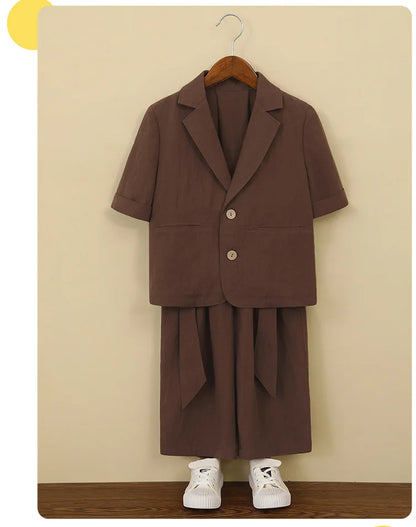 Boys Solid Short Sleeves Blazer Jack Vest Pants Children Suit Waistcoat Wedding Clothes Sets Toddler Formal Dress Kids Tuxedos