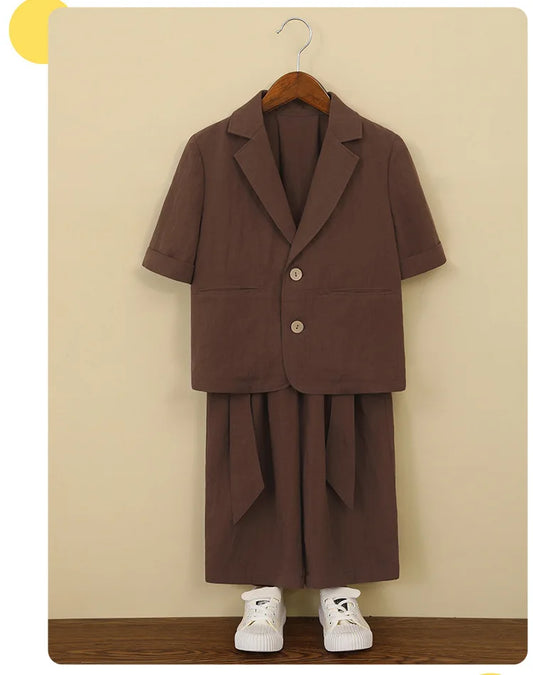 Boys Solid Short Sleeves Blazer Jack Vest Pants Children Suit Waistcoat Wedding Clothes Sets Toddler Formal Dress Kids Tuxedos