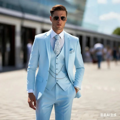 Vestido De Casamento Masculino Único Breasted Slim Fit, Terno Azul Céu, Jaqueta De Lapela, Calças, Colete, Elegante, 3 Peças