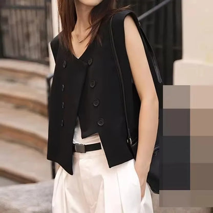 Black Suit Vest Jacket Women Irregular Top 2025 Spring Summer New Double Breasted Casual Thin Shoulder Waistcoat Female Clothes