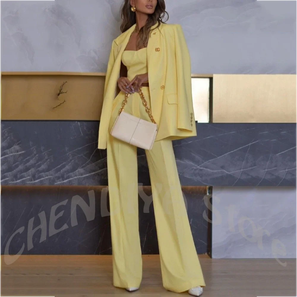 Light Yellow Women's Suit 2 Piece Classic Double Breasted Peak Lapel Modern Formal Business Party Elegant Outfit Jacket Pants