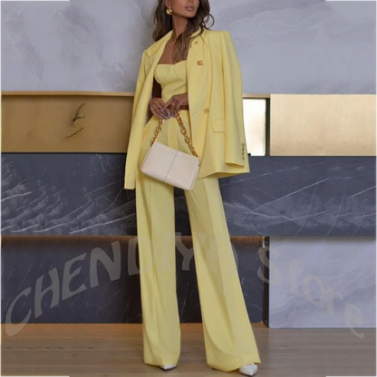 Light Yellow Women's Suit 2 Piece Classic Double Breasted Peak Lapel Modern Formal Business Party Elegant Outfit Jacket Pants