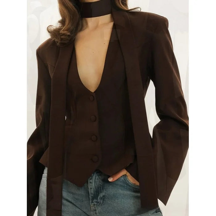 Fashionable Pure Color V-Neck Scarf Decorated Long Sleeve Casual Small Western Style Coat Top Women's Spring Summer Autumn