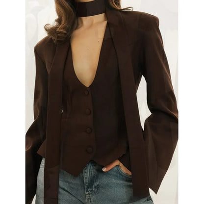 Fashionable Pure Color V-Neck Scarf Decorated Long Sleeve Casual Small Western Style Coat Top Women's Spring Summer Autumn