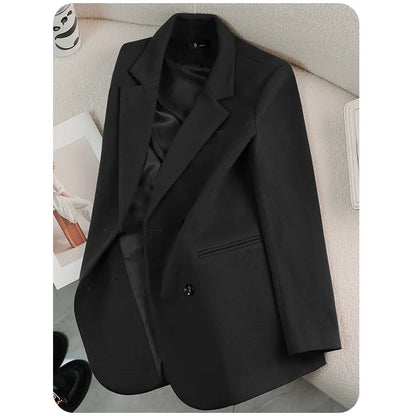 Autumn Winter 2024 New Apricot Coffee Black Elegant Double Breasted Blazer Top And Women High Waist Wide Leg Pant Two Piece Set