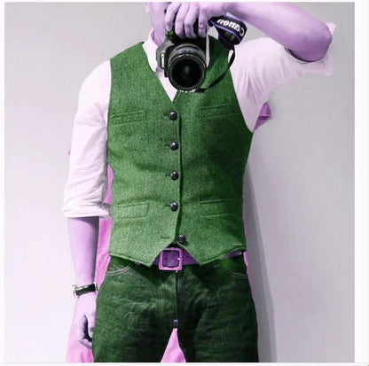 Men's Waistcoat Herringbone Wool Blend V-Neck Single Breasted Vest for Weddings and Smart Casual