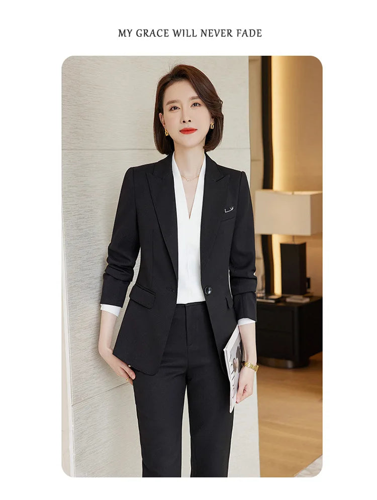 Ladies Blazer And Pant Suit Formal Army Green Khaki Gray Black Solid Women Jacket Trouser Female Business Work Wear 2 Piece Set