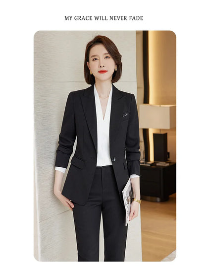 Ladies Blazer And Pant Suit Formal Army Green Khaki Gray Black Solid Women Jacket Trouser Female Business Work Wear 2 Piece Set
