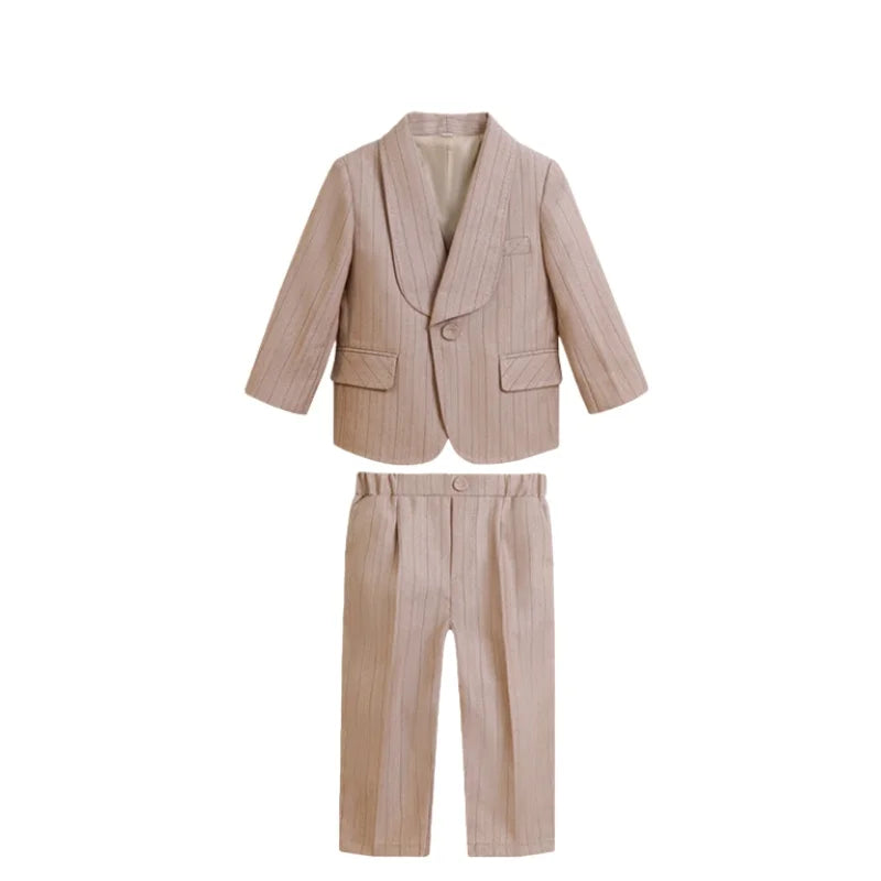Kids Striped Suit Set Flower Boys Wedding Outfit Children's Jacket Vest Pants Bowtie Brooch 5Pieces Spring Autumn Clothes Set