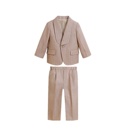 Kids Striped Suit Set Flower Boys Wedding Outfit Children's Jacket Vest Pants Bowtie Brooch 5Pieces Spring Autumn Clothes Set