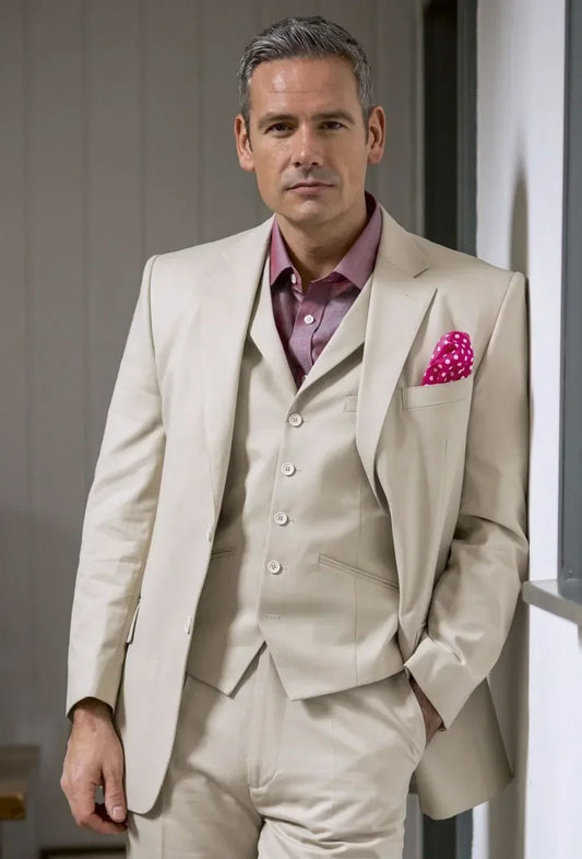 Fashion Beige Skinny 3 Piece Men Suit Groom Tuxedo For Wedding Formal Prom Party Jacket Casual Skinny Blaze (Jacket+Pants+Vest)