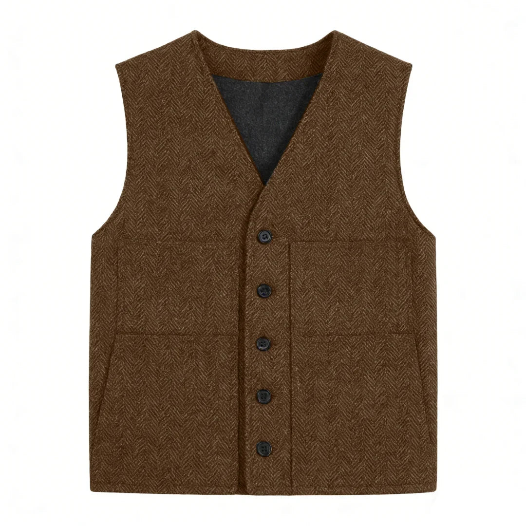 Men's Vest Gray Herringbone Single Button V-Neck Waistcoat for Wedding & Business