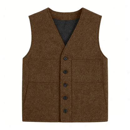 Men's Vest Gray Herringbone Single Button V-Neck Waistcoat for Wedding & Business