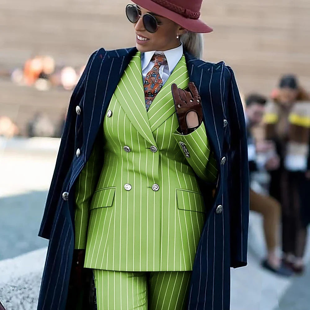 Formal Women's Burgundy Pinstripe Suit with Navy Blue Striped Coat Double Breasted 3Piece Set Elegant Evening Party Outerwears