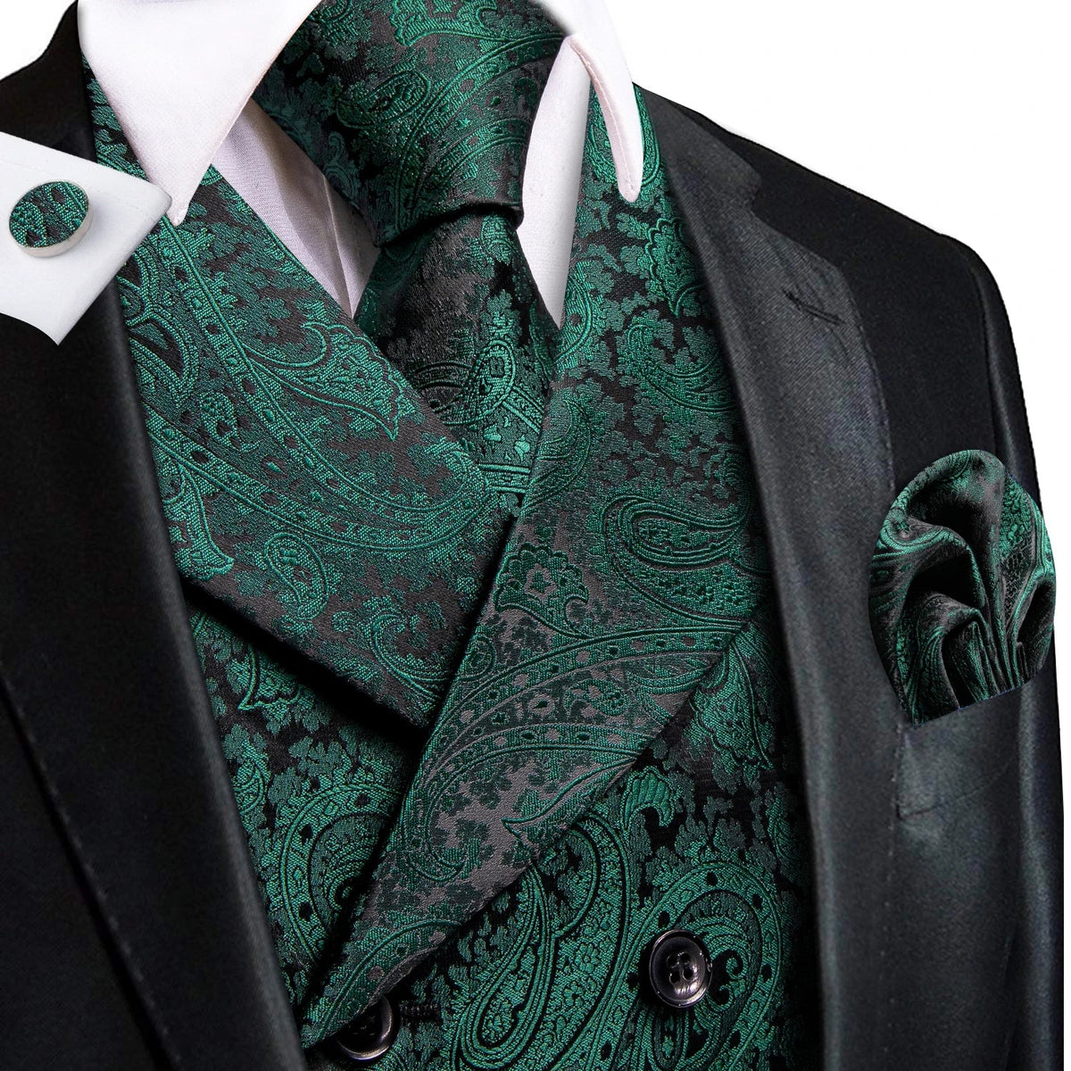 Men's Vest Tie Hanky Cufflinks Set – Black Green Jacquard Floral Paisley – Wedding & Banquet