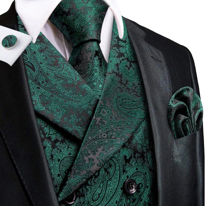 Men's Vest Tie Hanky Cufflinks Set – Black Green Jacquard Floral Paisley – Wedding & Banquet